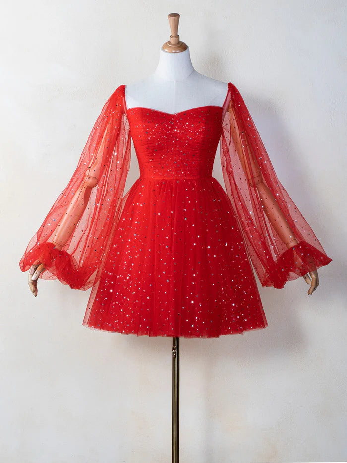 Weitese Dress Sweetheart Neck Starlit Homecoming Dress Tulle Puffy Sleeves Zipper Up Party Dress